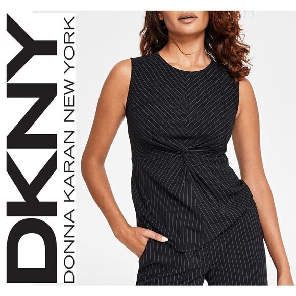 DKNY Pinstripe Sleeveless Twist-Front Business Top SIZE L MSRP $69 NEW WITH TAGS - Picture 1 of 12